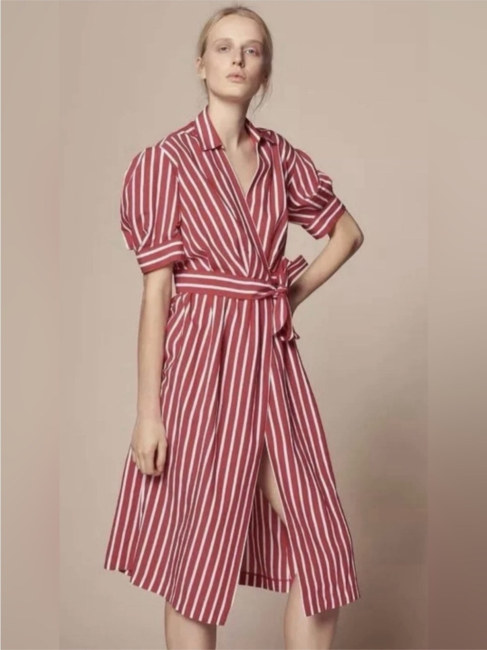 SANDRO PARIS Red & White Striped Wrap Dress